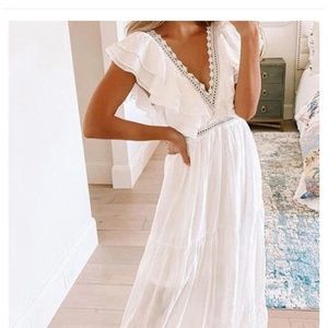 Momycharm Lace Ruffle Deep V-neck Big Swing Beach Bohemain Maxi Dress